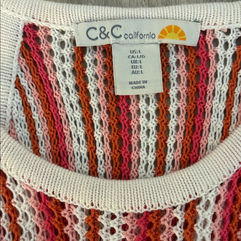 C&C California Knit Tank Coverup Dress Size Large Pink White Orange - Picture 2 of 6